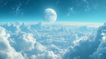 Fototapeta premium 12. A stunning daytime sky with a new moon shining brightly, surrounded by a sea of blue and scattered white clouds, creating a tranquil and isolated celestial scene