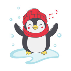 Cute Penguin Animal Cartoon Character Wearing Hat Scarf Warm Clothes Listening Music on Polar Ice