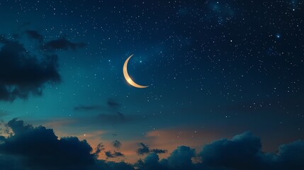 Naklejka premium 18. A serene night sky with a crescent moon and bright stars, providing a stunning background for a Ramadan greeting card, symbolizing faith and reflection