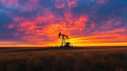 Fototapeta premium Oil Rig Silhouetted Against a Dramatic Sunset