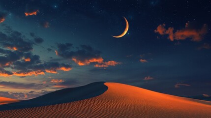 23. A beautiful night sky featuring a crescent moon and drifting clouds, with the warm hues of a hot desert sand dune in the foreground, creating a captivating contrast