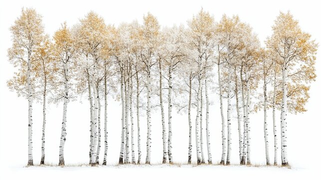 A line of aspen trees with golden leaves in the snow