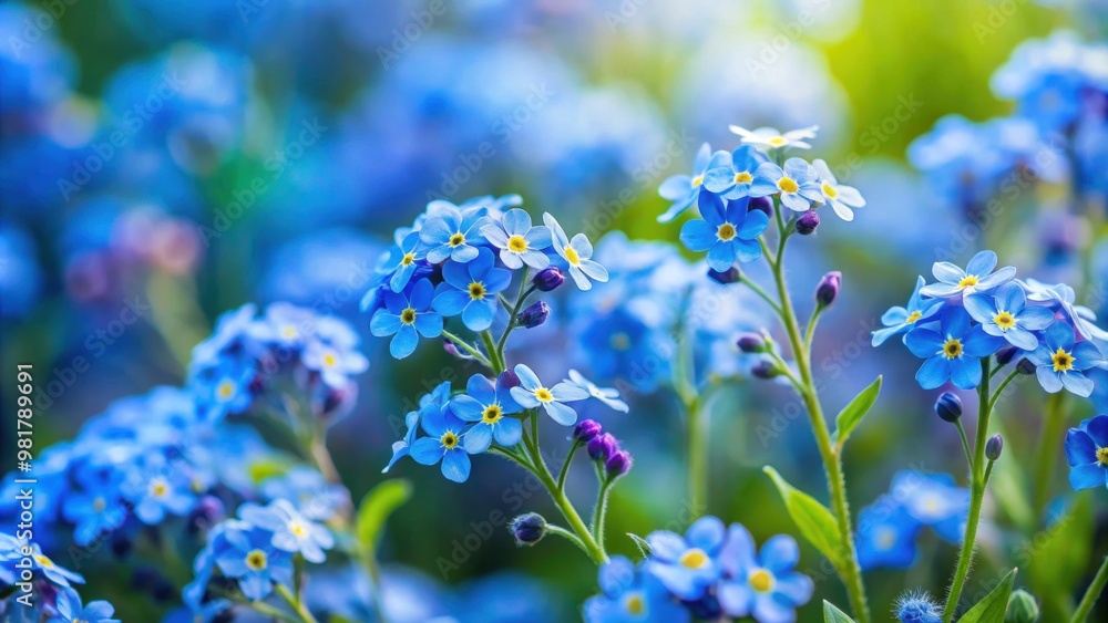 Poster Delicate blue forget-me-nots flowers blossoming in a garden, flowers, blue, nature, plant, garden, spring, bloom, delicate, small