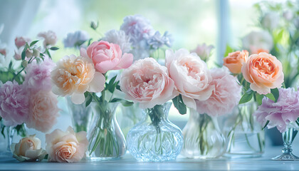 Obraz premium Soft, blooming peonies and roses in pastel shades, adding a delicate and feminine touch