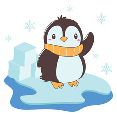 Cute Penguin Animal Cartoon Character Wearing Scarf Standing on Polar Ice with Happy Expression