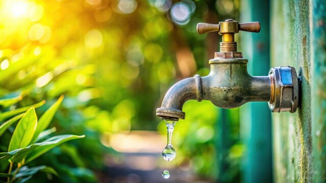 Dripping outside tap in summer indicating water ban or shortage , water, tap, drip, summer, concept, render