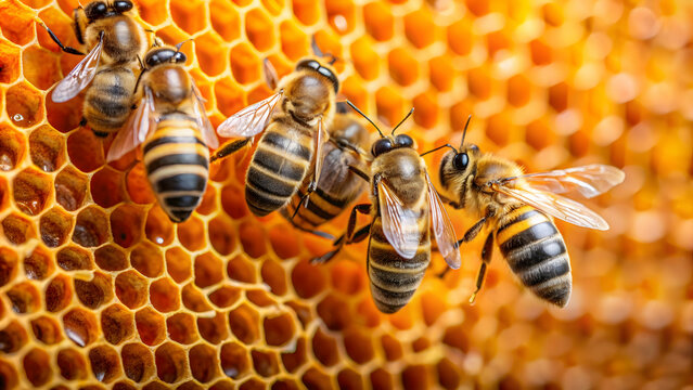 Close-up of bees working at honeycomb on orange background with space for text, bees, swarm, honeycomb, working, orange background