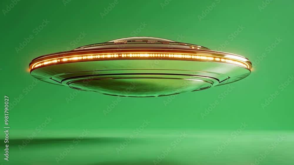 Poster metallic gold unidentified flying object with illuminated lights is hovering above a green screen ba
