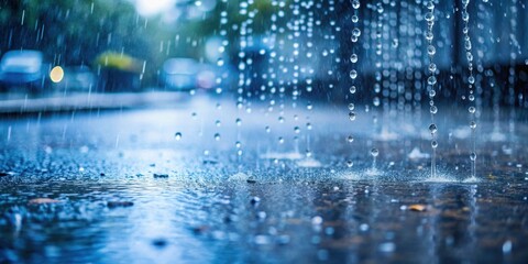 Heavy rain drops falling on a wet surface street , rainy, water drops, wet, urban, weather, downpour, pavement, gray, city