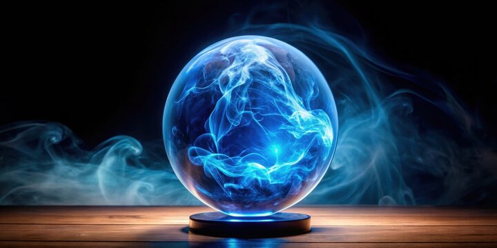 Crystal ball with blue energy smoke on black background, crystal ball, energy, magic, sphera, blue, smoke