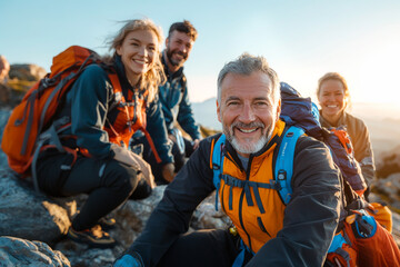 A cheerful group sits at a scenic mountaintop view with backpacks, taking in the sunset glow, highlighting companionship, joy, and achievement in nature.