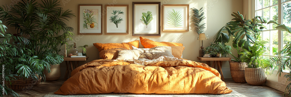 Wall mural A bedroom with a large bed, green plants, and framed botanical prints.