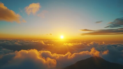 60. 4K timelapse footage of a majestic sunrise viewed from a high mountain, showing the sun rising from the horizon, creating a stunning display of golden light on the clouds against a blue sky