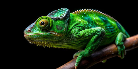 Obraz premium Green chameleon blending into isolated black background, chameleon, reptile, camouflaged, nature, wildlife, creature