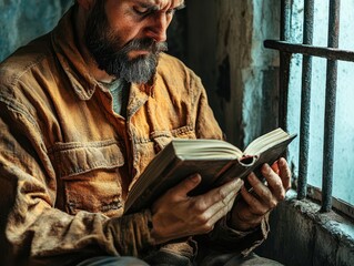 Man with beard reading book by window with bars, looking thoughtful.