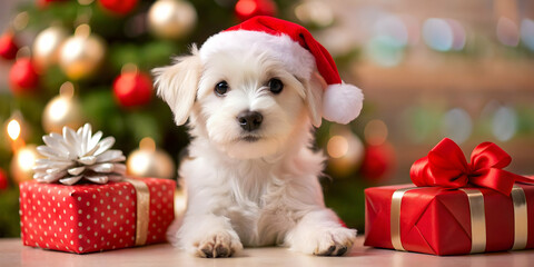 Christmas holiday white puppy dog wearing santa hat surrounded by gifts, Christmas, holiday, white, puppy, dog, Santa hat, gifts