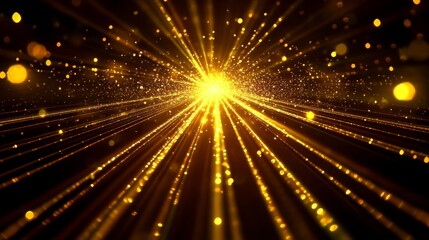 Fototapeta premium 78. Glowing golden beams of light emanating from the top center on a black background, forming an abstract and continuous light show, suitable for 4K seamless loop presentations