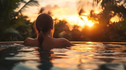 83. Sunset view of a woman enjoying a relaxing dip in a luxurious spa pool, with tropical surroundings and a serene atmosphere, highlighting health and wellness on a tropical vacation