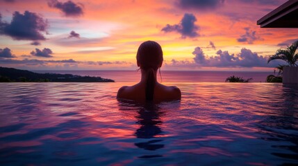 84. A peaceful image of a woman in a luxury resort pool at sunset, with the sky ablaze with colors, capturing the essence of relaxation, wellness, and a rejuvenating tropical getaway