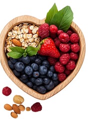 Healthy heart-shaped bowl filled with mixed berries, oats, and nuts, perfect for nutritious snacks and vibrant meals.