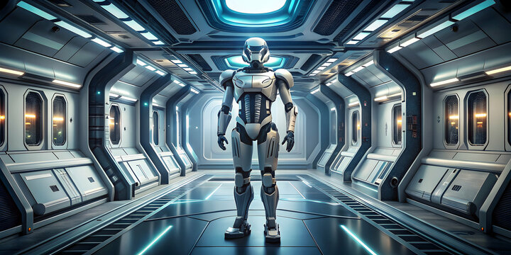 A futuristic robot standing in a spaceship interior, robot, space, technology, futuristic, artificial intelligence