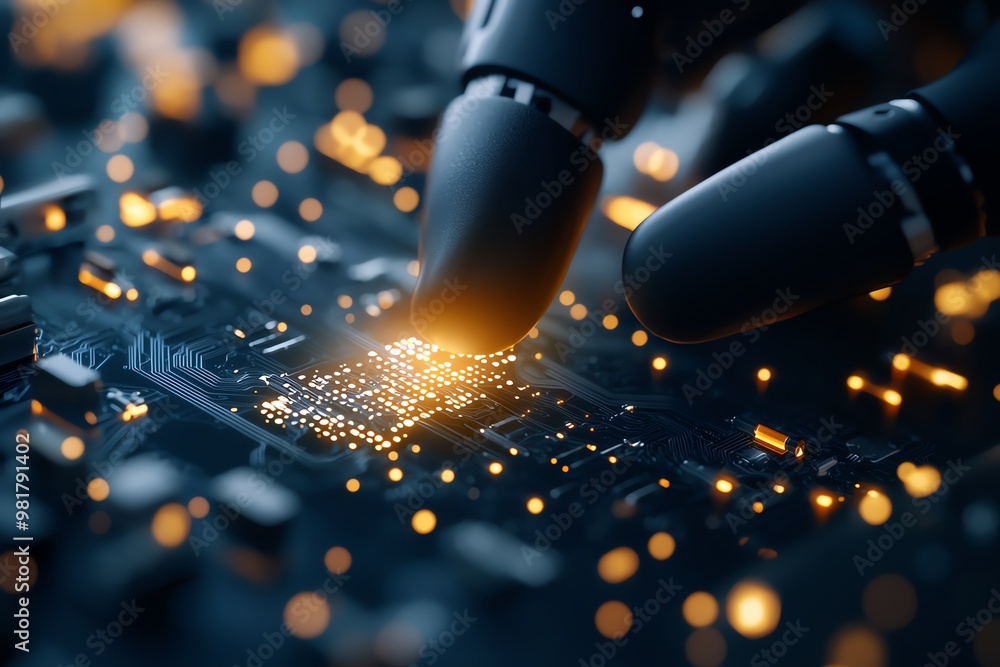 Poster close-up of a robotic hand interacting with a circuit board, highlighting technology and innovation 