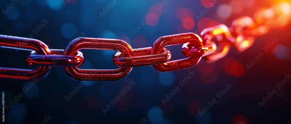Poster close-up of a shiny metal chain illuminated with colorful lights, showcasing its texture and links a