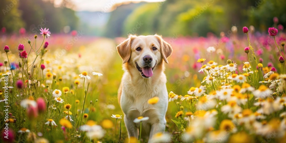 Sticker Cute dog walking through a vibrant flower meadow, dog, pet, flower, meadow, nature, walk, stroll, vibrant, colorful, puppy