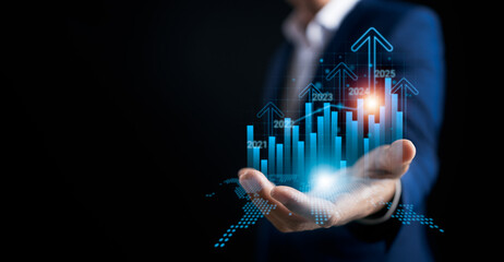 Businesswomen show to arrow up virtual to forecast and analyze the stock market and economic with virtual chart,  trend upside business market growth, investments and financial concept.