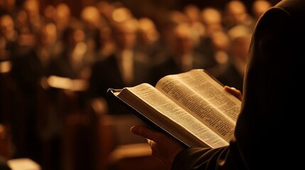 90. A detailed view of the Bible in the minister hands, with the congregation in the background, listening intently. The scene captures the essence of faith, guidance, and the power of the Gospel