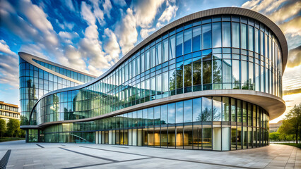 Fototapeta premium Modern architectural building with curvy stone and glass facade, architecture, modern, building, design, structure