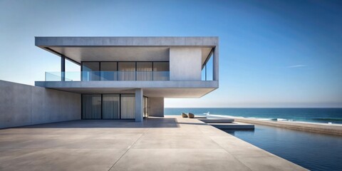 Fototapeta premium Empty concrete floor and gray wall building with rendering of a large beach house against a clear sky sea background, empty