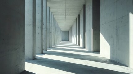 Fototapeta premium 95. A minimalist concrete hallway is transformed by the shifting patterns of sunlight and shadow, captured in a detailed timelapse that highlights the sleek, modern aesthetic