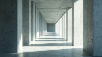 Obraz premium 95. A minimalist concrete hallway is transformed by the shifting patterns of sunlight and shadow, captured in a detailed timelapse that highlights the sleek, modern aesthetic