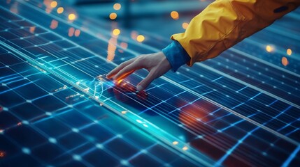 96. A close-up of a maintenance engineer hand touching an industrial solar panel, with VFX graphics visualizing the flow of generated electricity, emphasizing the concept of sustainable energy