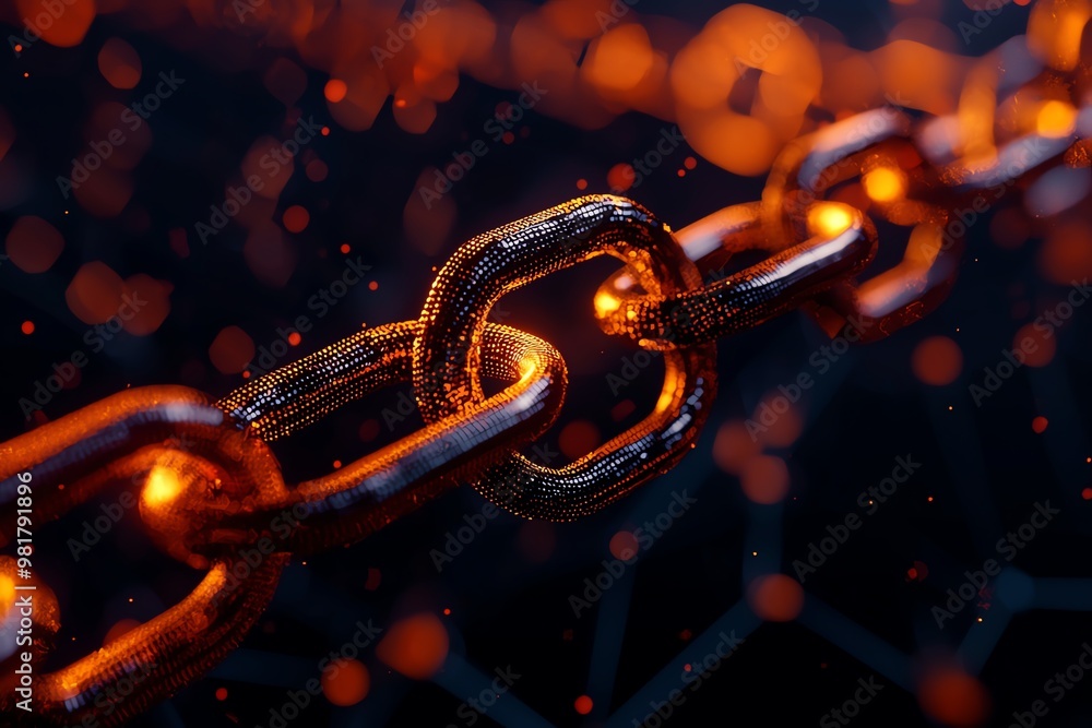 Poster close-up view of a glowing chain links with sparkles, symbolizing strength and connection in a dark 