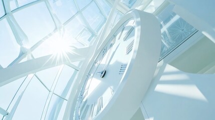 101. A close-up of a modern white clock on a white background, with the sun and sky reflecting in its glass surface, capturing the passage of time in a serene timelapse