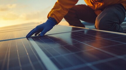100. A maintenance engineer hand on a solar panel, enhanced by VFX graphics that visualize the energy being generated, symbolizing the role of renewable energy in a sustainable future