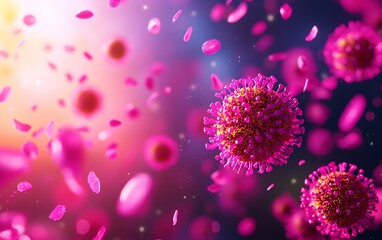 Close-up of vibrant pink virus particles, illustrating microscopic life with colorful background, perfect for scientific or medical use.