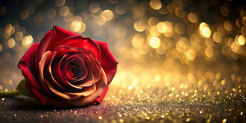 Elegant abstract black and gold design with a red rose on a blurred background , black, red, gold, elegant, abstract