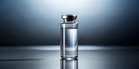 glass vial with clear liquid on a shadowed surface, glass, vial,clear, liquid, shadow, surface, reflection