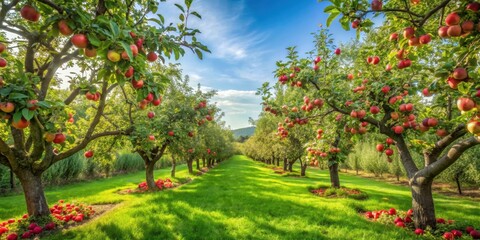 Lush apple trees in a vibrant garden setting, orchard, fruit, harvest, agriculture, sunny, outdoors, greenery, organic, nature