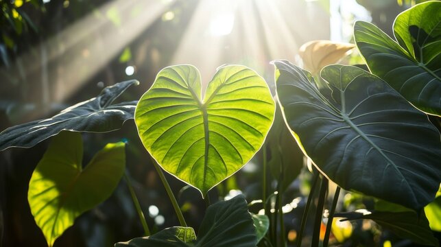 107. Detailed shot of alocasia odora leaves bathed in sunlight, with rays peeping through the foliage, showcasing the beauty of tropical plants in a serene home environment