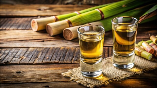 Two shot glasses of Brazilian gold cachaca with sugar and sugarcane on rustic wooden background, Brazilian, cachaca, gold