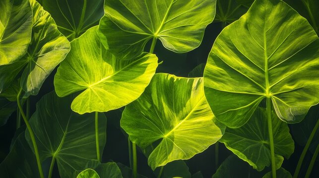108. The vibrant green leaves of alocasia odora catching the morning sun, with the light emphasizing their texture and pattern, creating a tranquil, tropical atmosphere