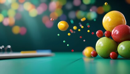 Colorful spheres floating in a playful arrangement, creating a vibrant and dynamic visual effect on a blurred background.