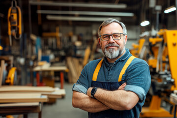 Fototapeta premium A craftsman stands proudly in his organized wood workshop, surrounded by tools and materials, embodying dedication and the spirit of craftsmanship in a workshop setting.