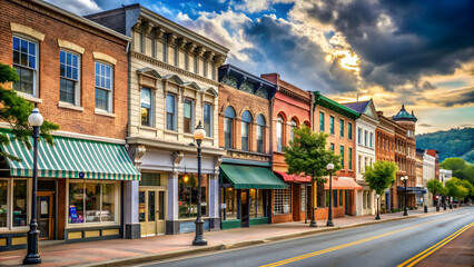 Vintage storefronts lining the main street of a small town in Roanoke, USA , Small town, main street, vintage, commercial