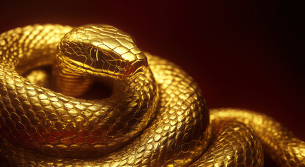Fototapeta premium A golden serpent rests in a perfect coil, its scales reflecting a soft, warm light, creating an atmosphere of elegance and silent power.