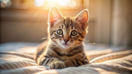 Close-up of a cute tabby kitten relaxing in the morning sunlight on a bed , kitten, cute, close-up, tabby, cat, morning, sunlight